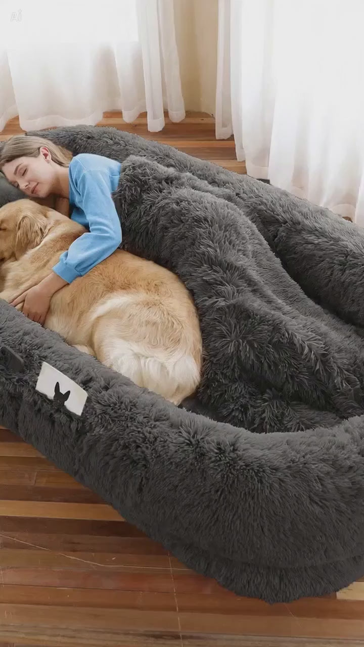 The Yanand DUO Love. Human Dog Bed, Large Size Fits You And Pets, Washable Faux Fur Dog Bed For People Doze Off, Napping Orthopedic Dog Bed, Present Plump Pillow, Blanket, Strap